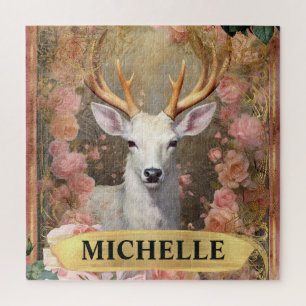 Aquarell-Vintage Weiße Hirsch und Rosa Rosen Puzzle