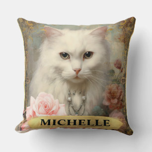 Aquarell Vintage Weiße Katze und rosa Rosen Kissen