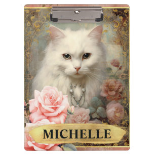 Aquarell Vintage Weiße Katze und rosa Rosen Klemmbrett
