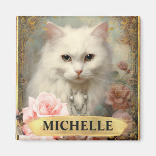 Aquarell Vintage Weiße Katze und rosa Rosen Magnet