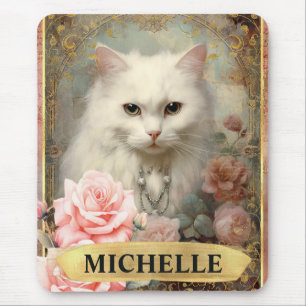 Aquarell Vintage Weiße Katze und rosa Rosen Mousepad