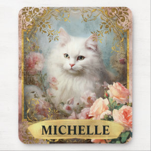 Aquarell Vintage Weiße Katze und rosa Rosen Mousepad