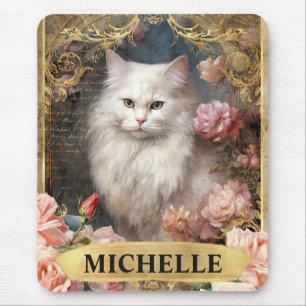 Aquarell Vintage Weiße Katze und rosa Rosen Mousepad