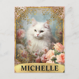 Aquarell Vintage Weiße Katze und rosa Rosen Postkarte