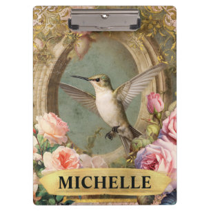 Aquarell Vintage Weiße Kolibri & Rosa Rosen Klemmbrett