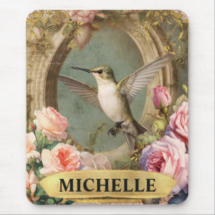 Aquarell Vintage Weiße Kolibri & Rosa Rosen Mousepad