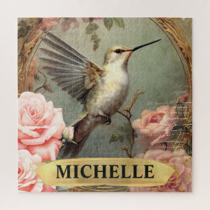 Aquarell Vintage Weiße Kolibri & Rosa Rosen Puzzle