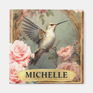 Aquarell Vintage Weiße Kolibris & Rosa Rosen Magnet