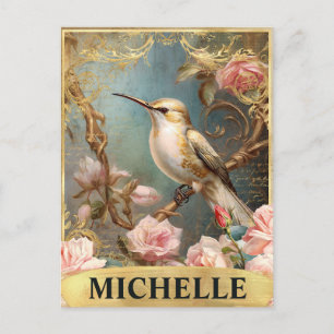 Aquarell Vintage Weiße Kolibris & Rosa Rosen Postkarte