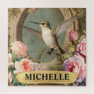 Aquarell Vintage Weiße Kolibris & Rosa Rosen Puzzle
