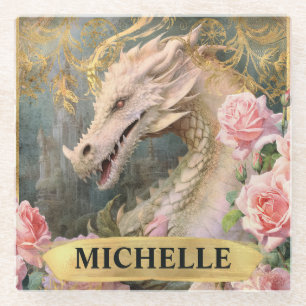 Aquarell Vintage Weißer Drache und rosa Rosen Glasuntersetzer