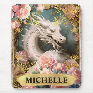 Aquarell Vintage Weißer Drache und rosa Rosen Mousepad