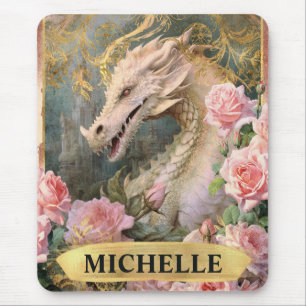 Aquarell-Vintage weißer Drache und rosa Rosen Mousepad