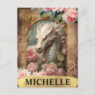 Aquarell-Vintage weißer Drache und rosa Rosen Postkarte