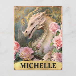 Aquarell-Vintage weißer Drache und rosa Rosen Postkarte