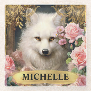 Aquarell Vintage Weißer Fuchs und rosa Rosen Glasuntersetzer