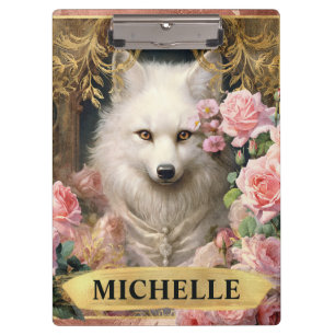 Aquarell Vintage Weißer Fuchs und rosa Rosen Klemmbrett