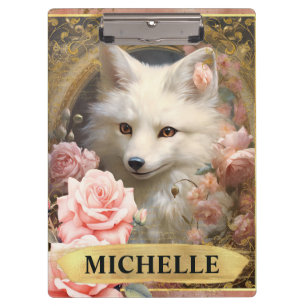 Aquarell Vintage Weißer Fuchs und rosa Rosen Klemmbrett