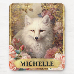 Aquarell Vintage Weißer Fuchs und rosa Rosen Mousepad
