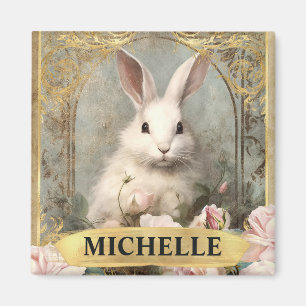 Aquarell-Vintage-Weißer Hase und rosa Rosen Magnet