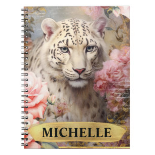 Aquarell Vintage Weißer Leopard und rosa Rosen Notizblock
