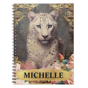 Aquarell Vintage Weißer Leopard und rosa Rosen Notizblock