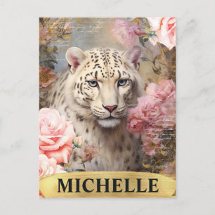 Aquarell Vintage Weißer Leopard und rosa Rosen Postkarte