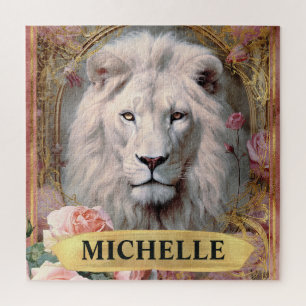 Aquarell-Vintage weißer Löwe und rosa Rosen Puzzle