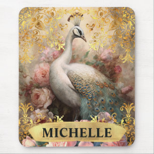 Aquarell-Vintage-Weißer Pfau und rosa Rosen Mousepad