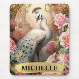Aquarell Vintage Weißer Pfau und rosa Rosen Mousepad