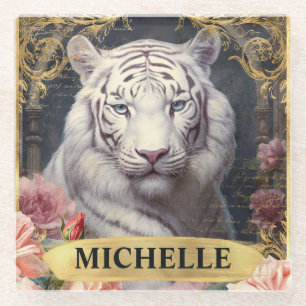 Aquarell Vintage Weißer Tiger und rosa Rosen Glasuntersetzer