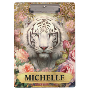Aquarell Vintage Weißer Tiger und rosa Rosen Klemmbrett