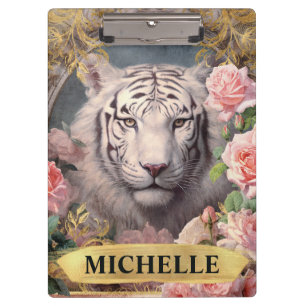Aquarell Vintage Weißer Tiger und rosa Rosen Klemmbrett