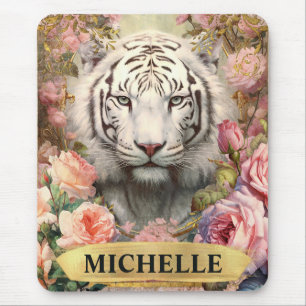 Aquarell Vintage Weißer Tiger und rosa Rosen Mousepad