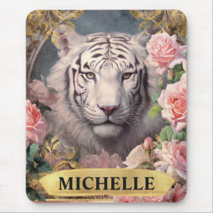Aquarell Vintage Weißer Tiger und rosa Rosen Mousepad