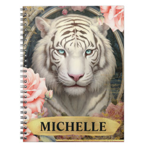 Aquarell Vintage Weißer Tiger und rosa Rosen Notizblock