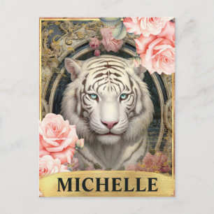 Aquarell Vintage Weißer Tiger und rosa Rosen Postkarte