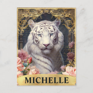 Aquarell Vintage Weißer Tiger und rosa Rosen Postkarte