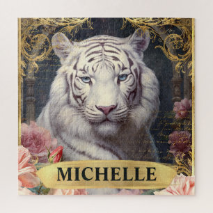 Aquarell Vintage Weißer Tiger und rosa Rosen Puzzle