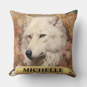 Aquarell Vintage Weißer Wolf und rosa Rosen Kissen