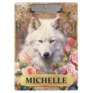 Aquarell Vintage Weißer Wolf und rosa Rosen Klemmbrett