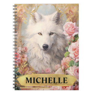Aquarell Vintage Weißer Wolf und rosa Rosen Notizblock