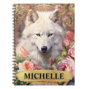 Aquarell Vintage Weißer Wolf und rosa Rosen Notizblock