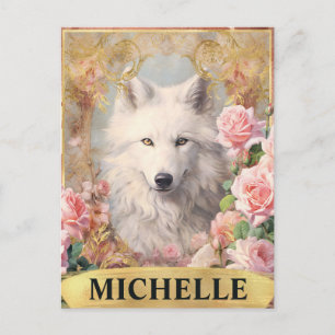 Aquarell Vintage Weißer Wolf und rosa Rosen Postkarte