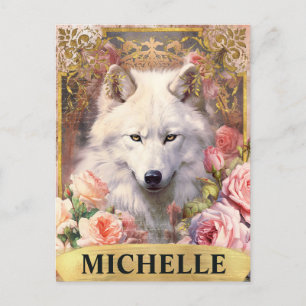 Aquarell Vintage Weißer Wolf und rosa Rosen Postkarte
