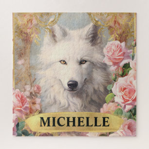 Aquarell Vintage Weißer Wolf und rosa Rosen Puzzle