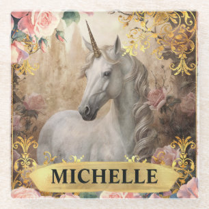 Aquarell-Vintage-Weißes Einhorn und rosa Rosen Glasuntersetzer
