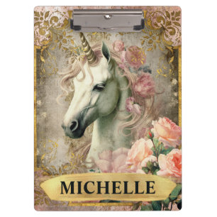 Aquarell Vintage Weißes Einhorn und rosa Rosen Klemmbrett