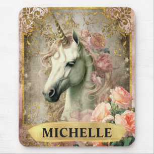 Aquarell Vintage Weißes Einhorn und rosa Rosen Mousepad