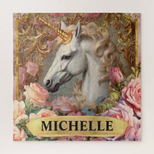 Aquarell-Vintage-Weißes Einhorn und rosa Rosen Puzzle